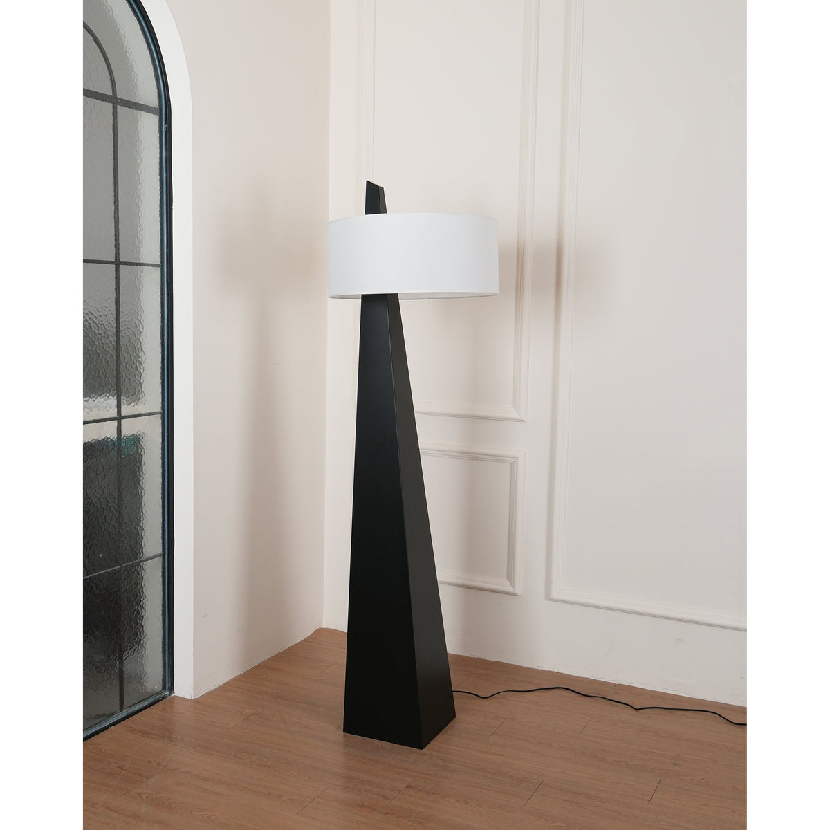 Jett Obelisk Floor Lamp - Tapered Pyramid Iron Base & Asymmetric Linen Drum Shade Light