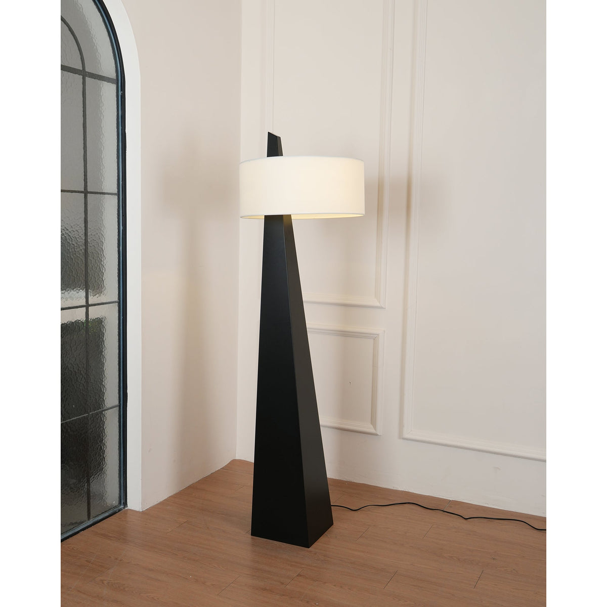 Jett Obelisk Floor Lamp - Tapered Pyramid Iron Base & Asymmetric Linen Drum Shade Light