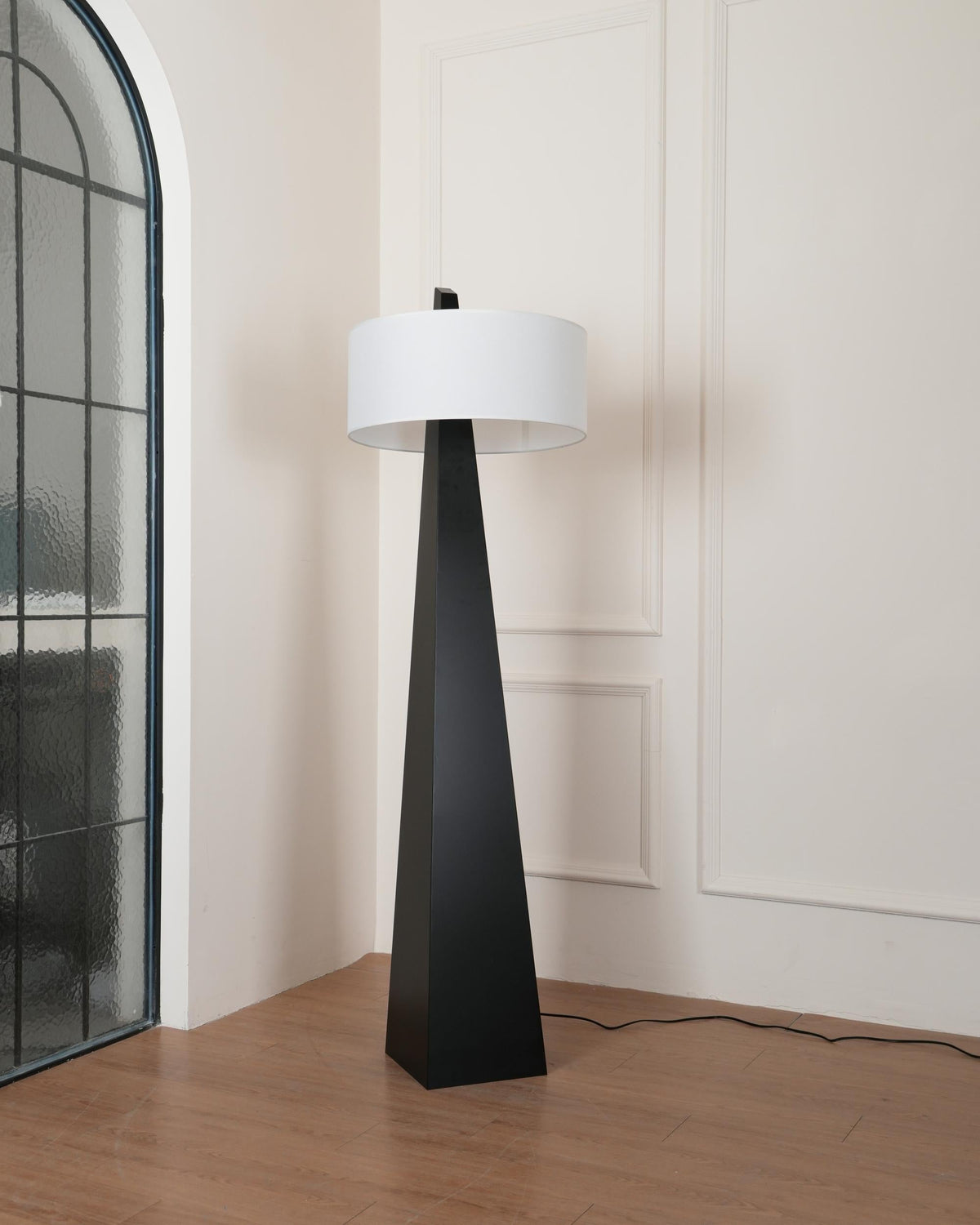 Jett Obelisk Floor Lamp - Tapered Pyramid Iron Base & Asymmetric Linen Drum Shade Light