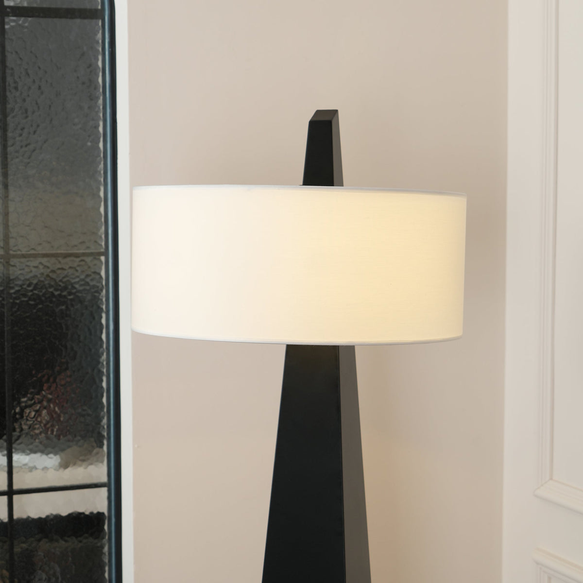 Jett Obelisk Floor Lamp - Tapered Pyramid Iron Base & Asymmetric Linen Drum Shade Light