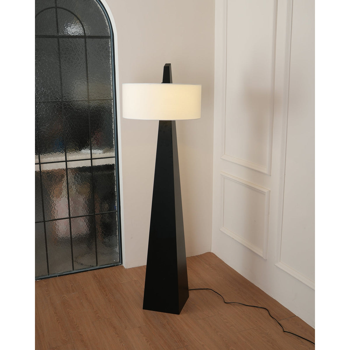 Jett Obelisk Floor Lamp - Tapered Pyramid Iron Base & Asymmetric Linen Drum Shade Light