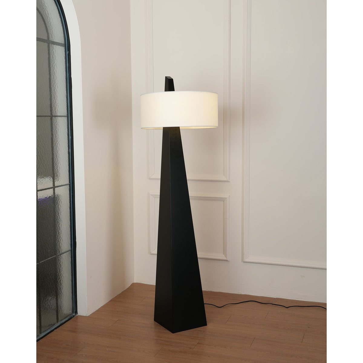 Jett Obelisk Floor Lamp - Tapered Pyramid Iron Base & Asymmetric Linen Drum Shade Light