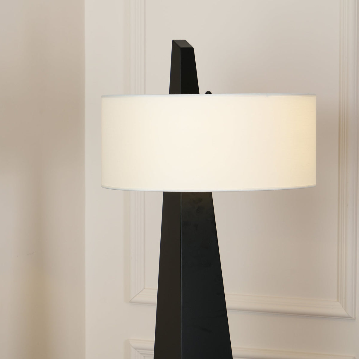 Jett Obelisk Floor Lamp - Tapered Pyramid Iron Base & Asymmetric Linen Drum Shade Light