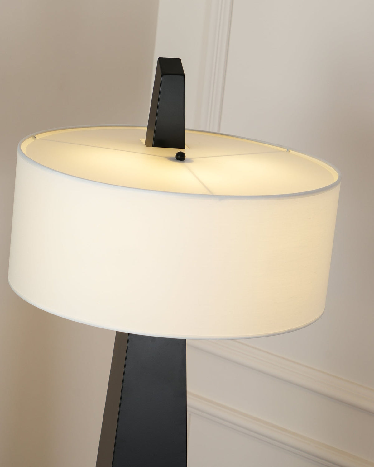 Jett Obelisk Floor Lamp - Tapered Pyramid Iron Base & Asymmetric Linen Drum Shade Light