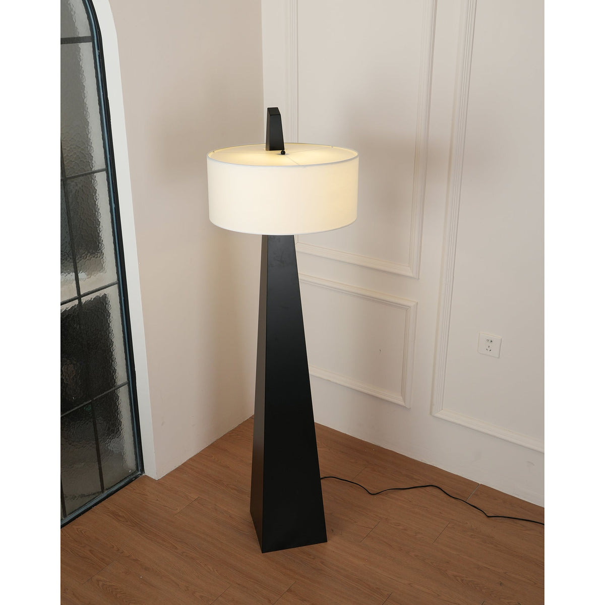 Jett Obelisk Floor Lamp - Tapered Pyramid Iron Base & Asymmetric Linen Drum Shade Light