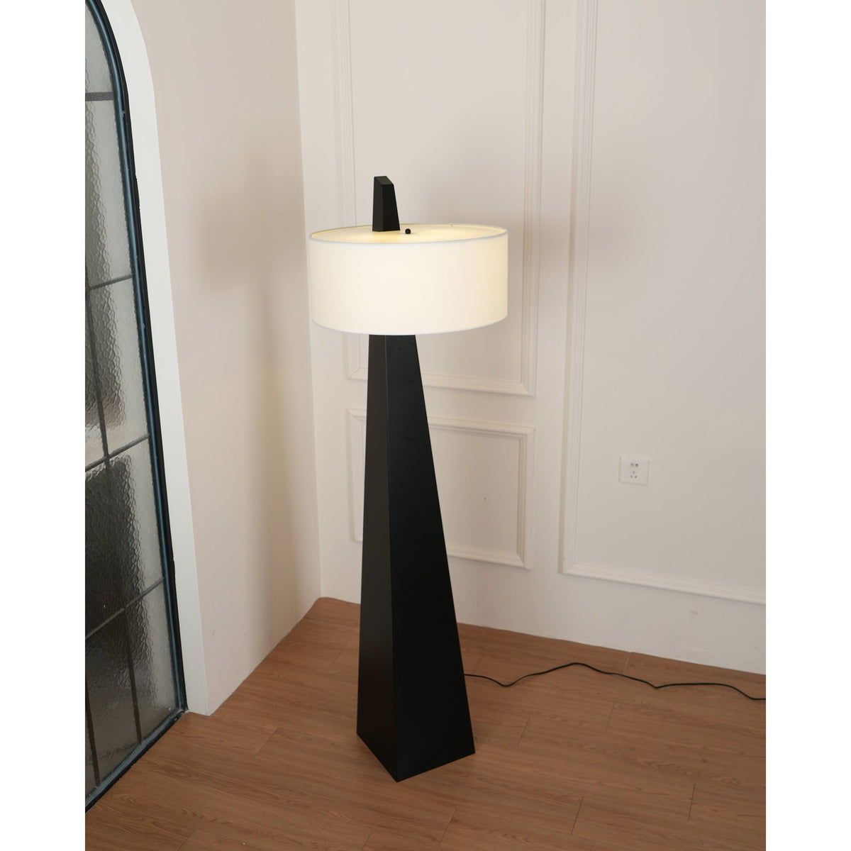 Jett Obelisk Floor Lamp - Tapered Pyramid Iron Base & Asymmetric Linen Drum Shade Light