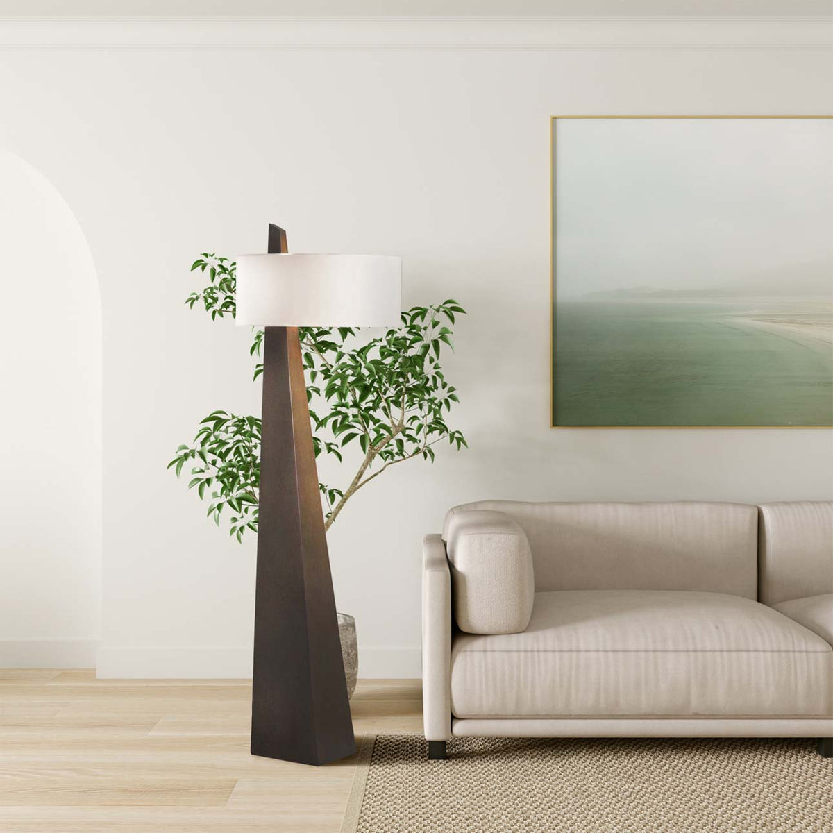 Jett Obelisk Floor Lamp - Tapered Pyramid Iron Base & Asymmetric Linen Drum Shade Light