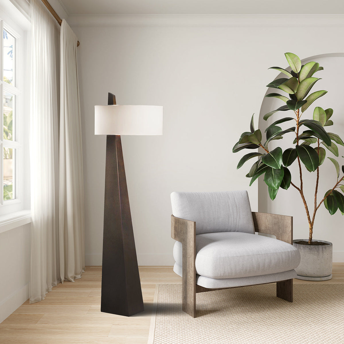 Jett Obelisk Floor Lamp - Tapered Pyramid Iron Base & Asymmetric Linen Drum Shade Light