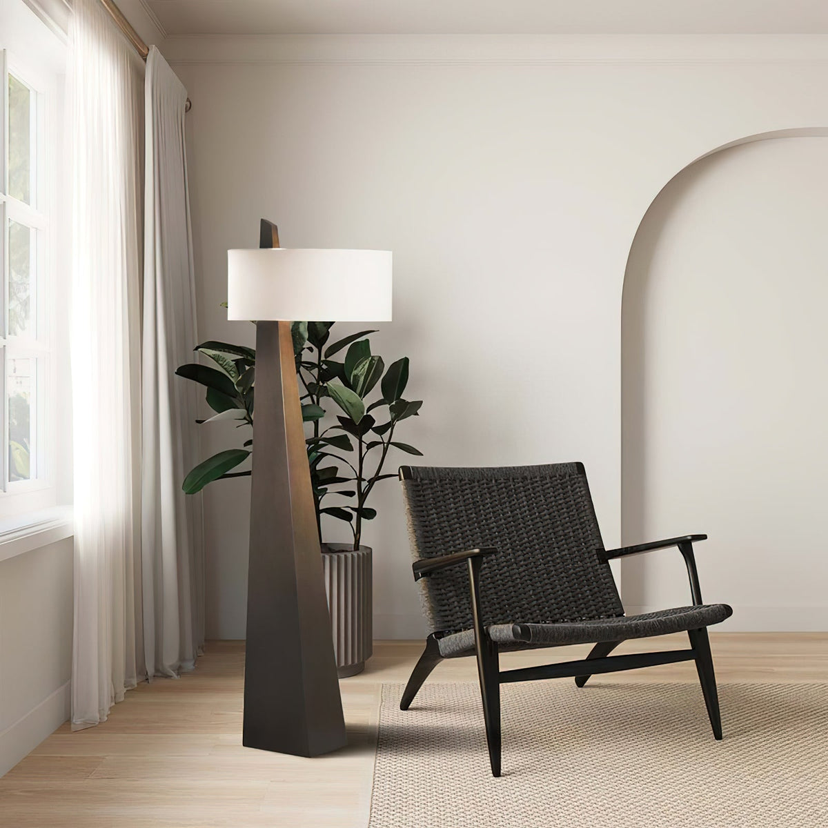 Jett Obelisk Floor Lamp - Tapered Pyramid Iron Base & Asymmetric Linen Drum Shade Light