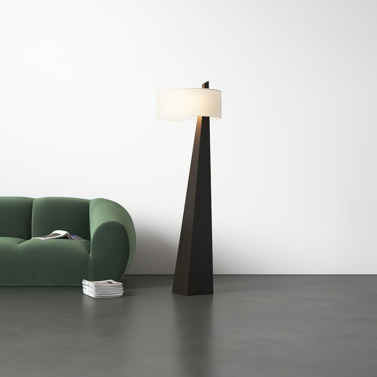 Jett Obelisk Floor Lamp - Tapered Pyramid Iron Base & Asymmetric Linen Drum Shade Light
