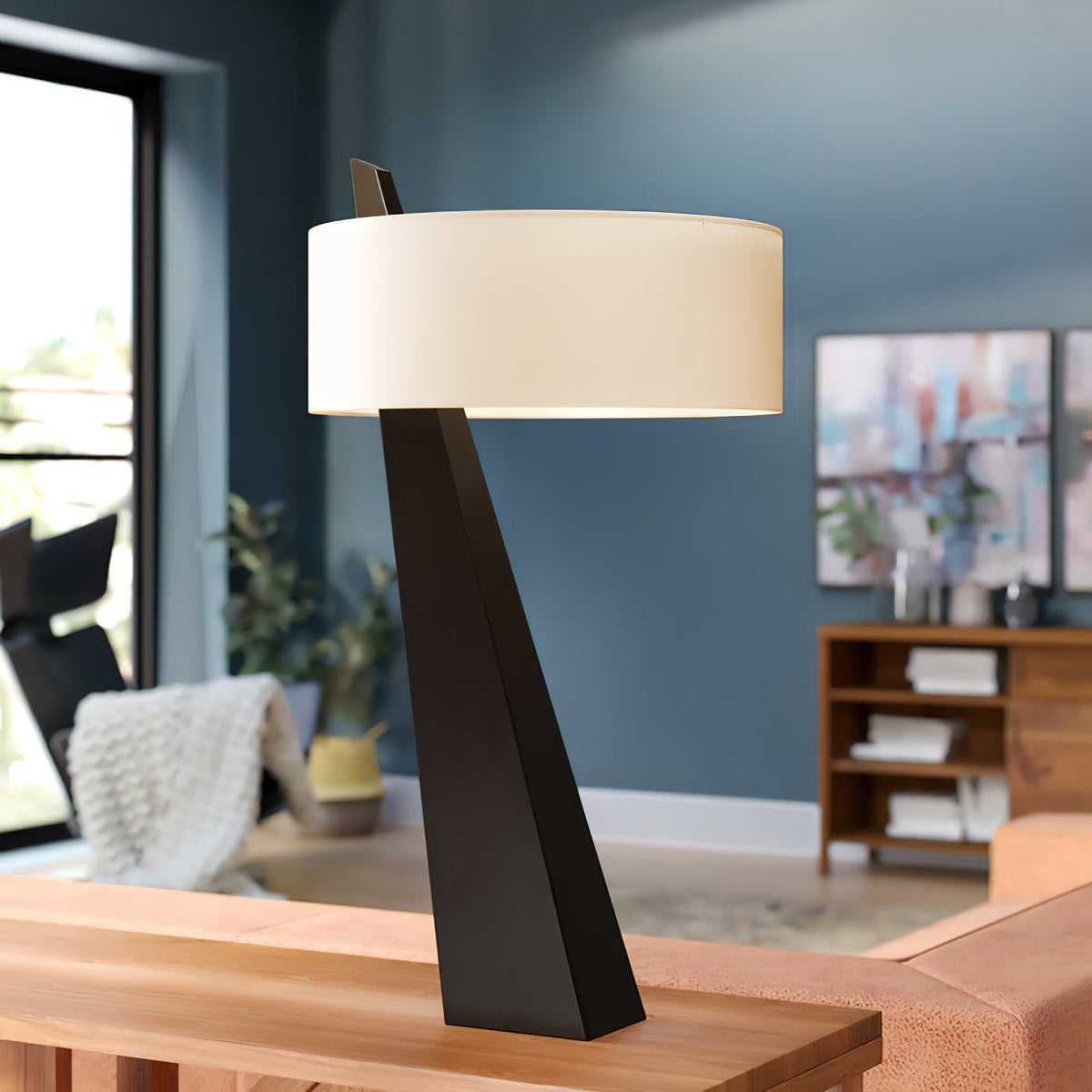 Jett Obelisk Table Lamp - Architectural Black Obelisk Metal & Beige Linen Shade Accent Light