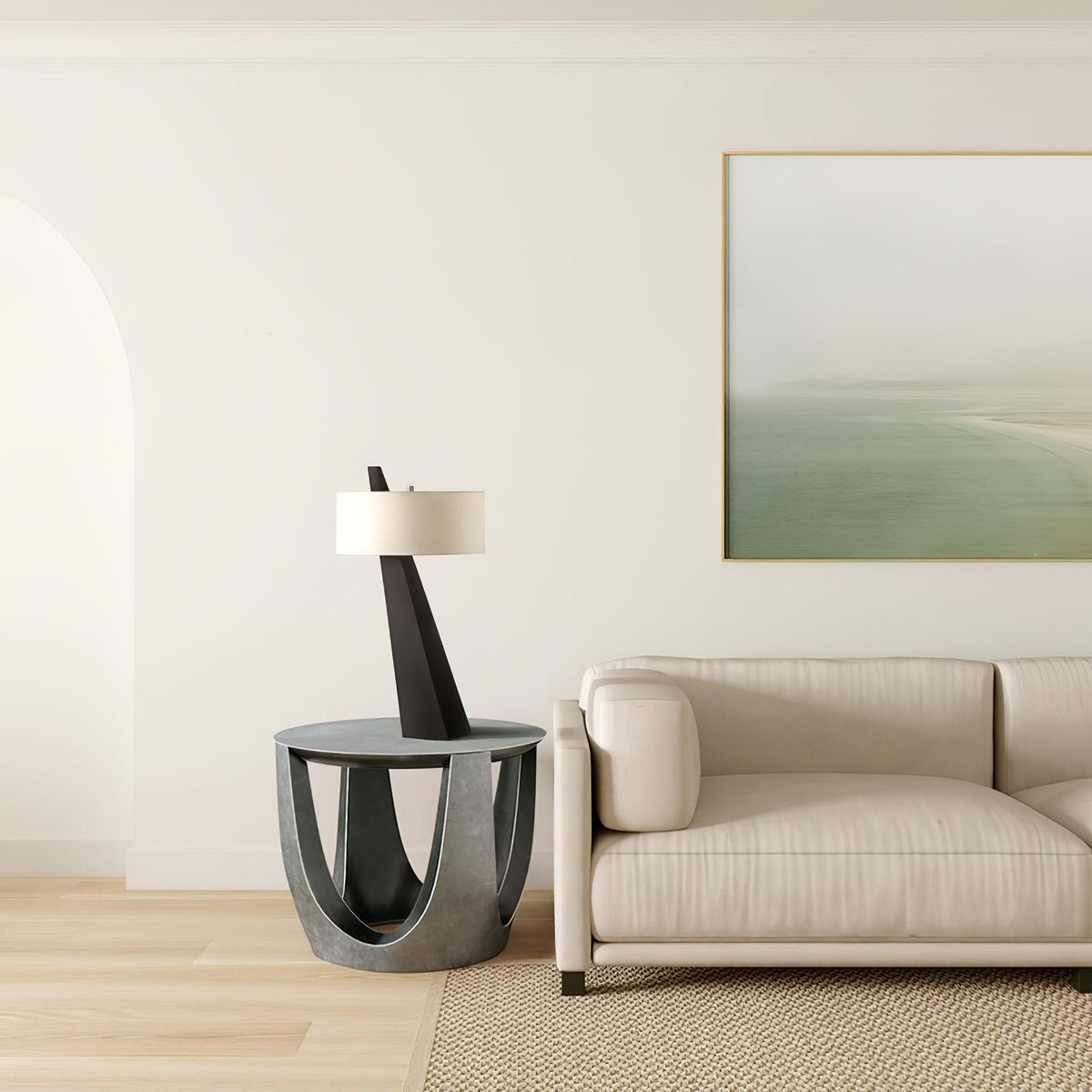 Jett Obelisk Table Lamp - Architectural Black Obelisk Metal & Beige Linen Shade Accent Light