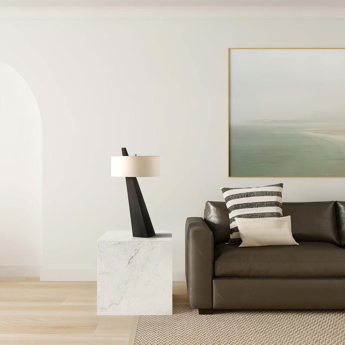 Jett Obelisk Table Lamp - Architectural Black Obelisk Metal & Beige Linen Shade Accent Light