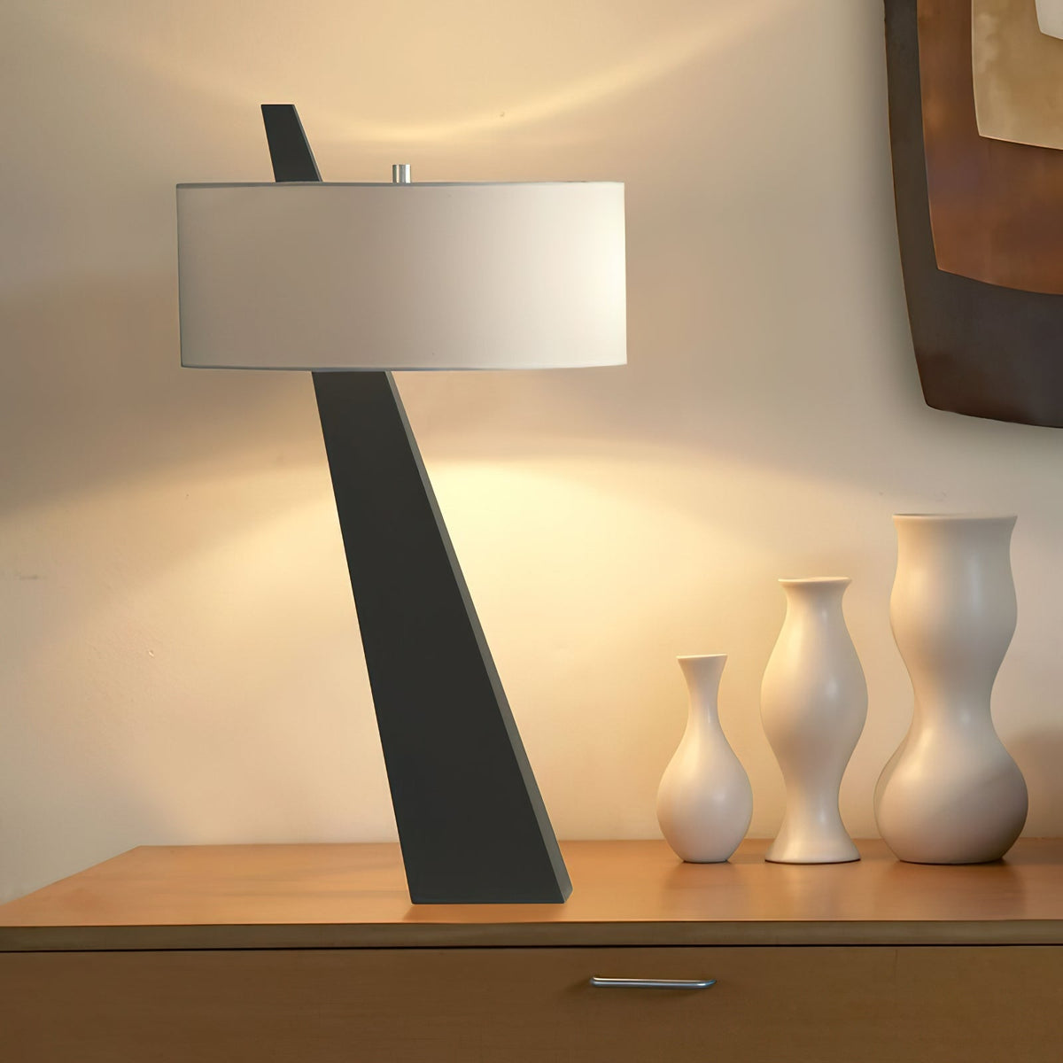 Jett Obelisk Table Lamp - Architectural Black Obelisk Metal & Beige Linen Shade Accent Light