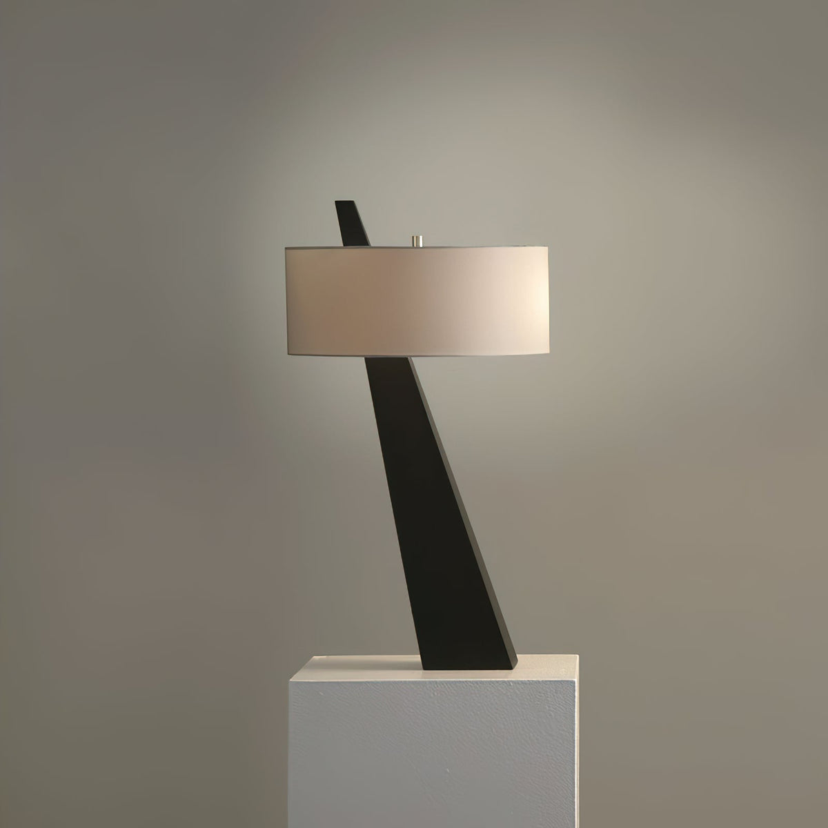 Jett Obelisk Table Lamp - Architectural Black Obelisk Metal & Beige Linen Shade Accent Light