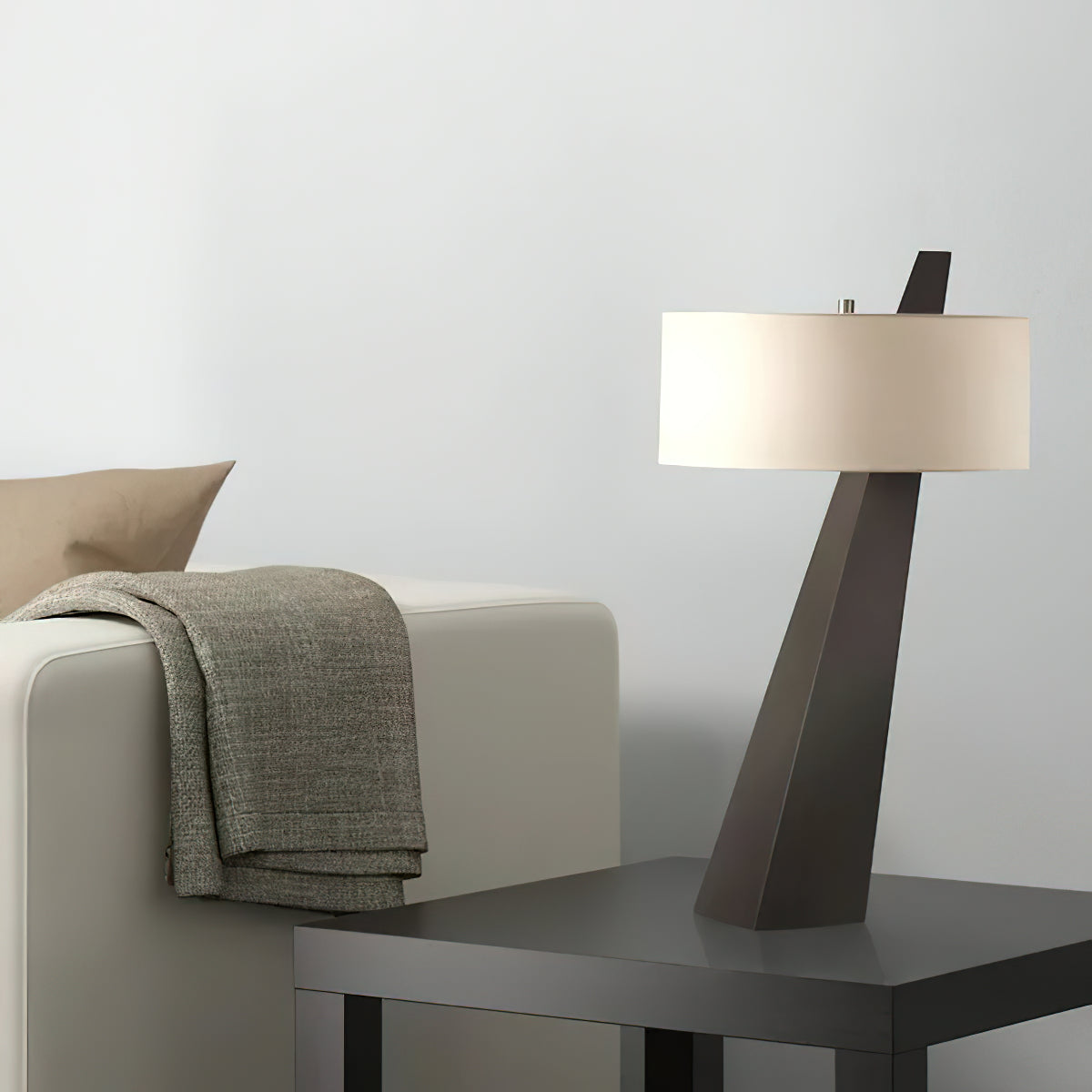 Jett Obelisk Table Lamp - Architectural Black Obelisk Metal & Beige Linen Shade Accent Light