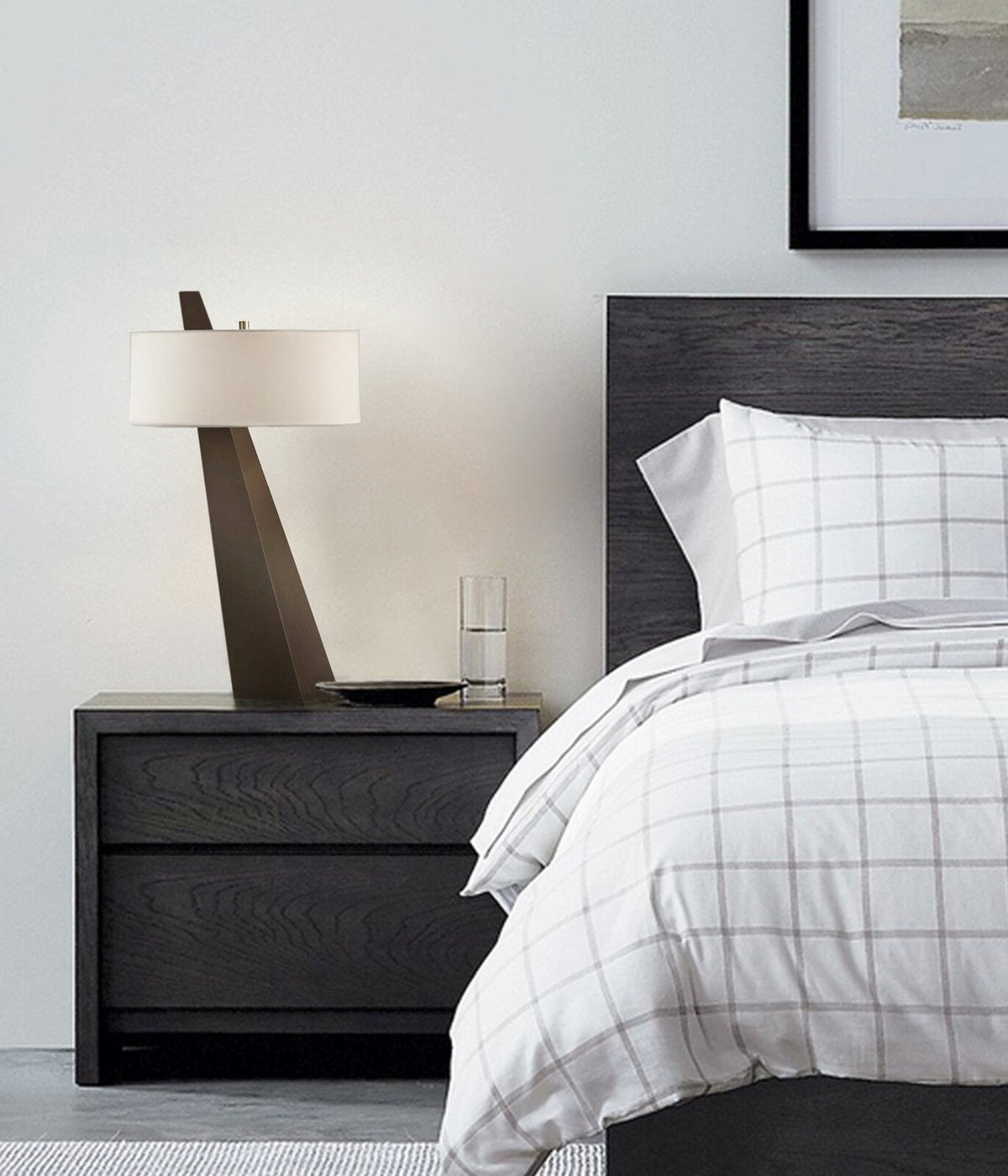 Jett Obelisk Table Lamp - Architectural Black Obelisk Metal & Beige Linen Shade Accent Light