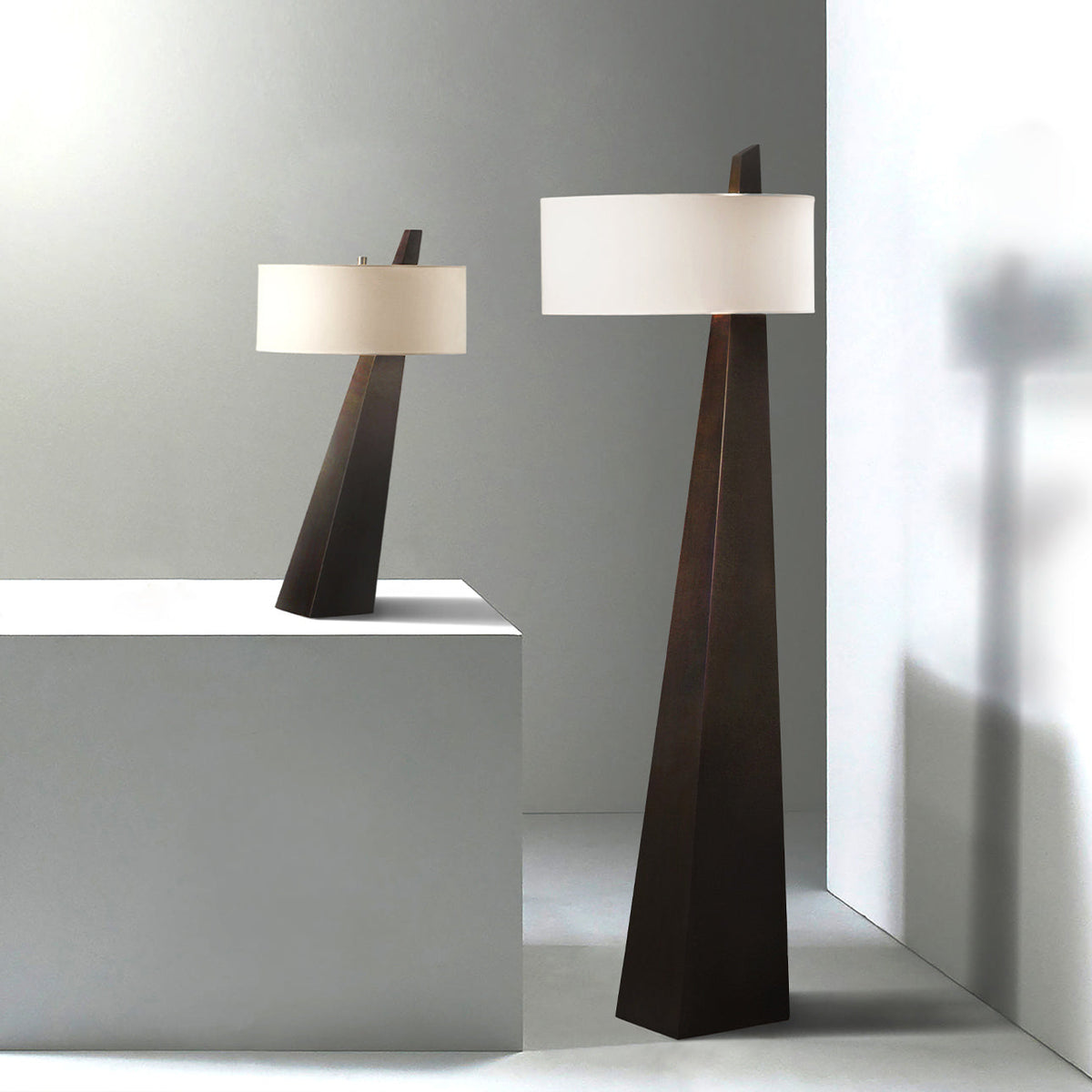 Jett Obelisk Table Lamp - Architectural Black Obelisk Metal & Beige Linen Shade Accent Light