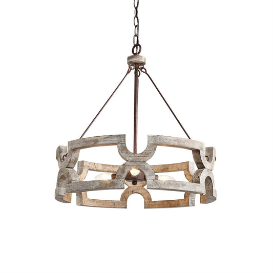 Jolla Chandelier - Geometric Hand-Carved Wood & Distressed Iron 3-Light Lantern Chandelier