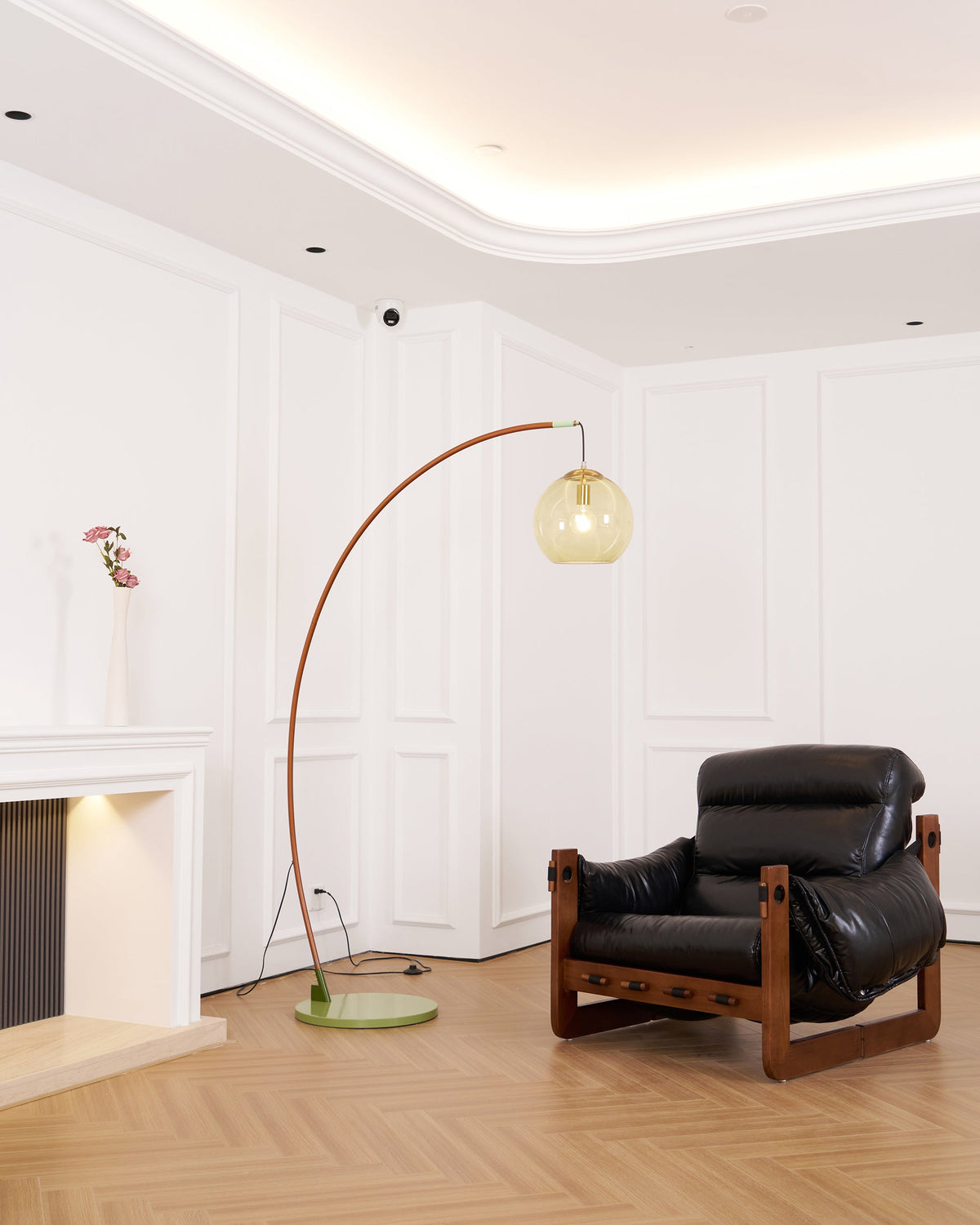Joni Arc Floor Lamp - Soho House Inspired Green Metal & Amber Glass Sphere Arc Light
