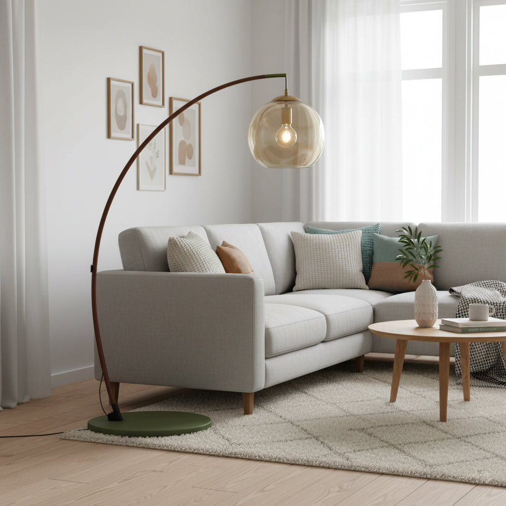 Joni Arc Floor Lamp - Soho House Inspired Green Metal & Amber Glass Sphere Arc Light