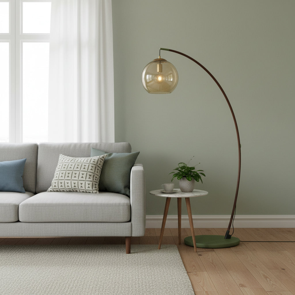 Joni Arc Floor Lamp - Soho House Inspired Green Metal & Amber Glass Sphere Arc Light