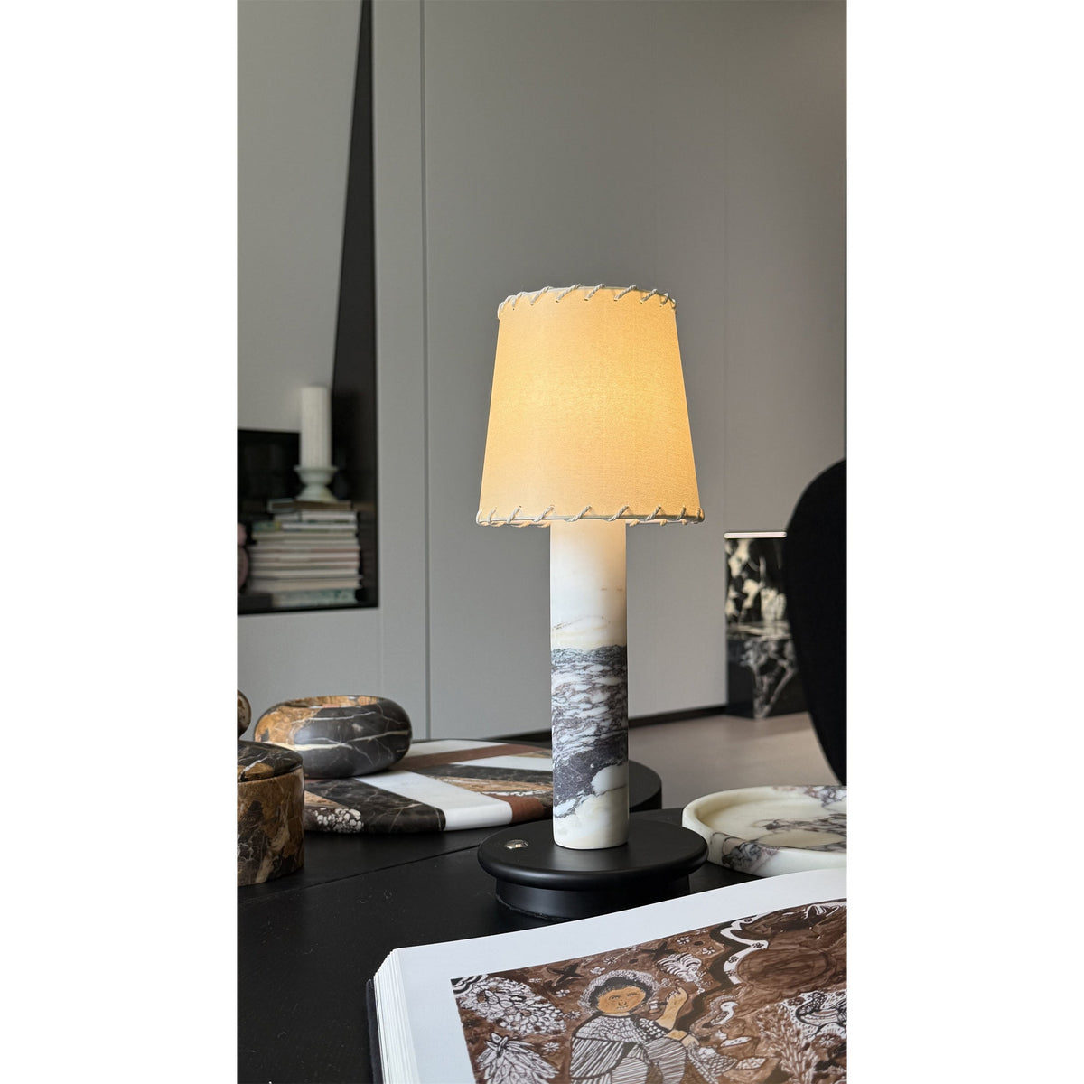 Jorgen Table Lamp (Built-in Battery) - Cordless Marble Stem & Fabric Shade Accent Light