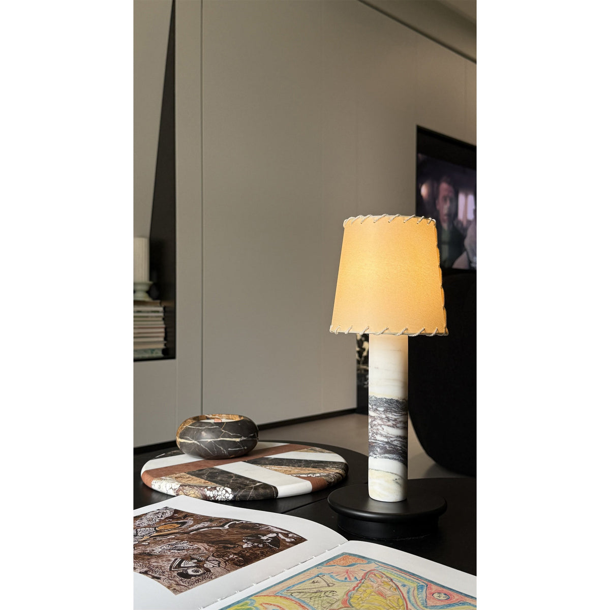 Jorgen Table Lamp (Built-in Battery) - Cordless Marble Stem & Fabric Shade Accent Light