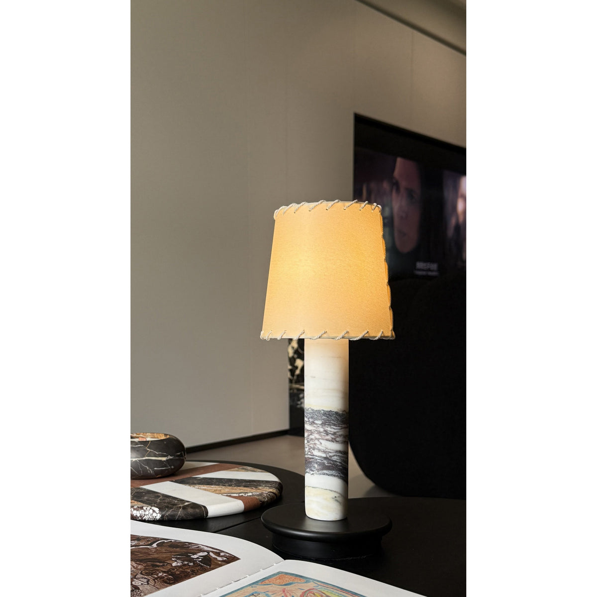 Jorgen Table Lamp (Built-in Battery) - Cordless Marble Stem & Fabric Shade Accent Light