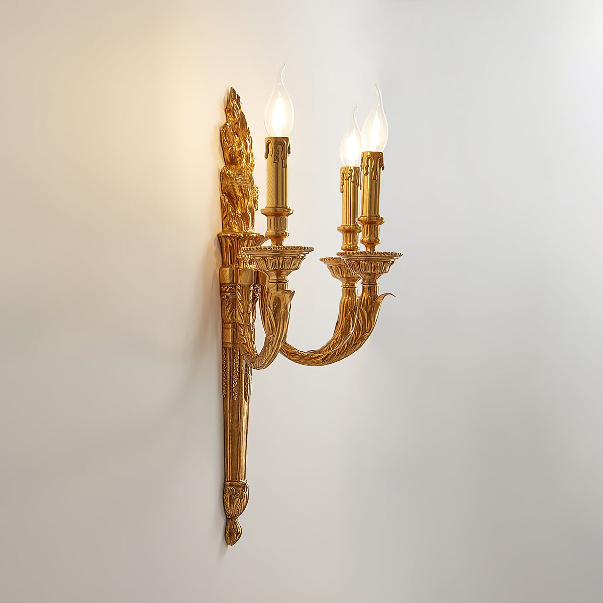 Julienne Wall Lamp - Classic Brass Torch Motif 3-Light Candelabra Sconce