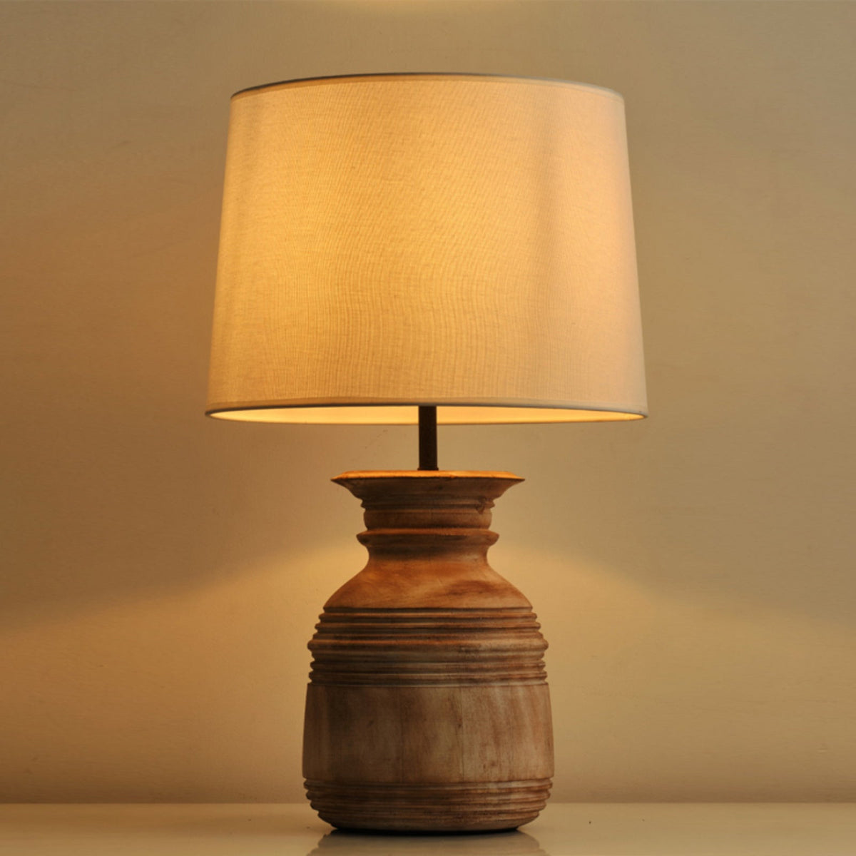 Kamryn Table Lamp - Ancient Greek Stamnos Solid Wood & Fabric Drum Lamp