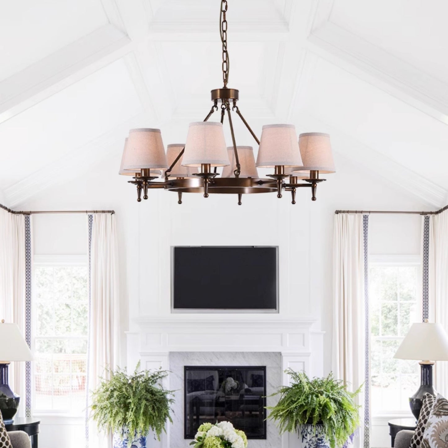 Keenan Chandelier - Modern Symmetrical Brass Pendant | Classic Linen Shade Chandelier