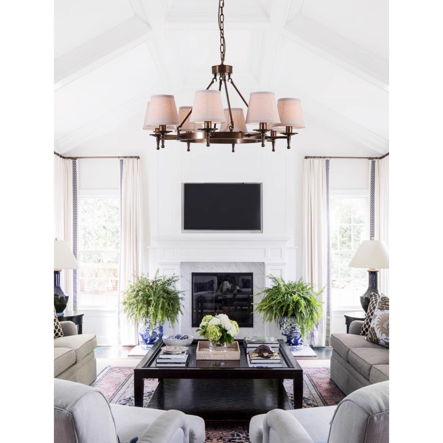 Keenan Chandelier - Modern Symmetrical Brass Pendant | Classic Linen Shade Chandelier