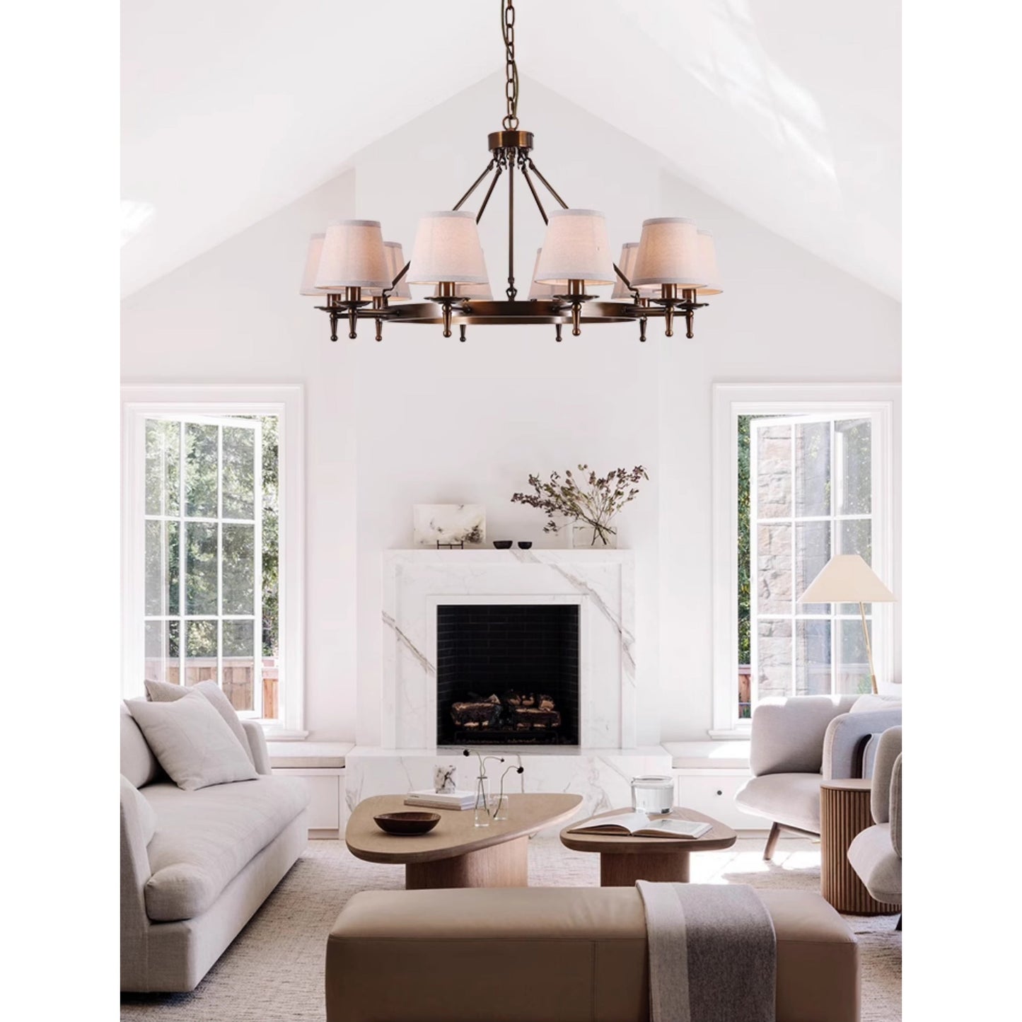 Keenan Chandelier - Modern Symmetrical Brass Pendant | Classic Linen Shade Chandelier