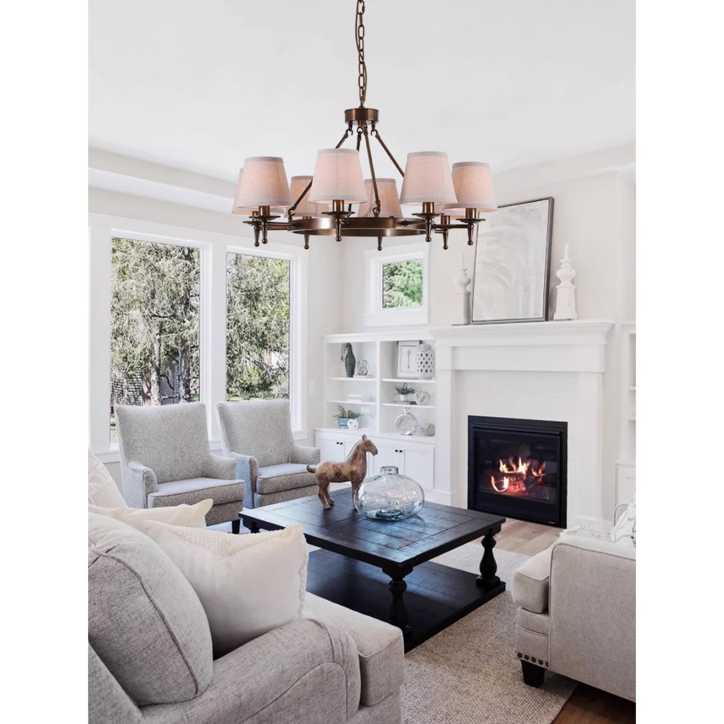 Keenan Chandelier - Modern Symmetrical Brass Pendant | Classic Linen Shade Chandelier