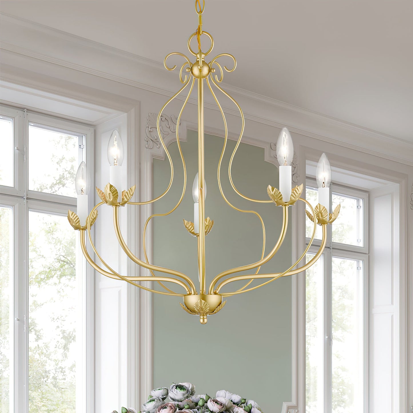 Kempton Chandelier - Modern Floral Iron Pendant | Black & Antique Brass Multi-Head Lighting