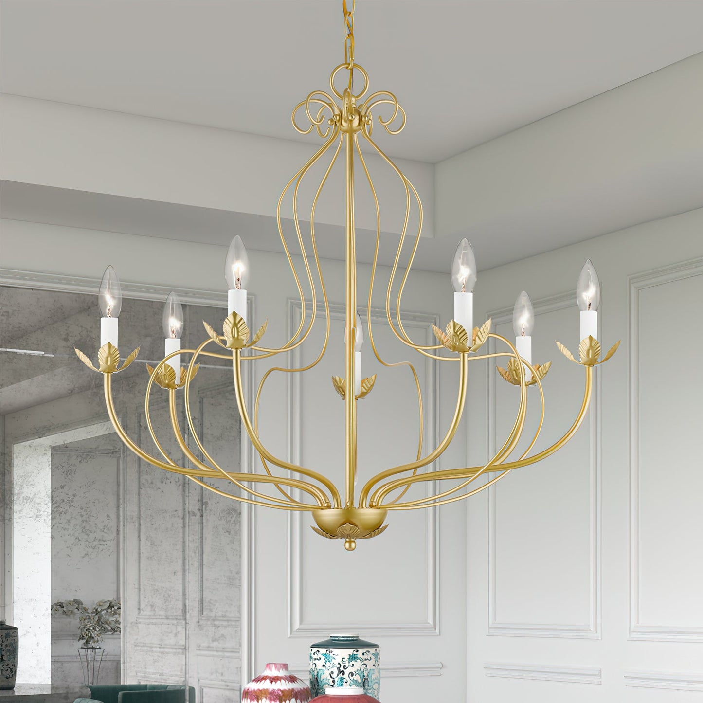 Kempton Chandelier - Modern Floral Iron Pendant | Black & Antique Brass Multi-Head Lighting