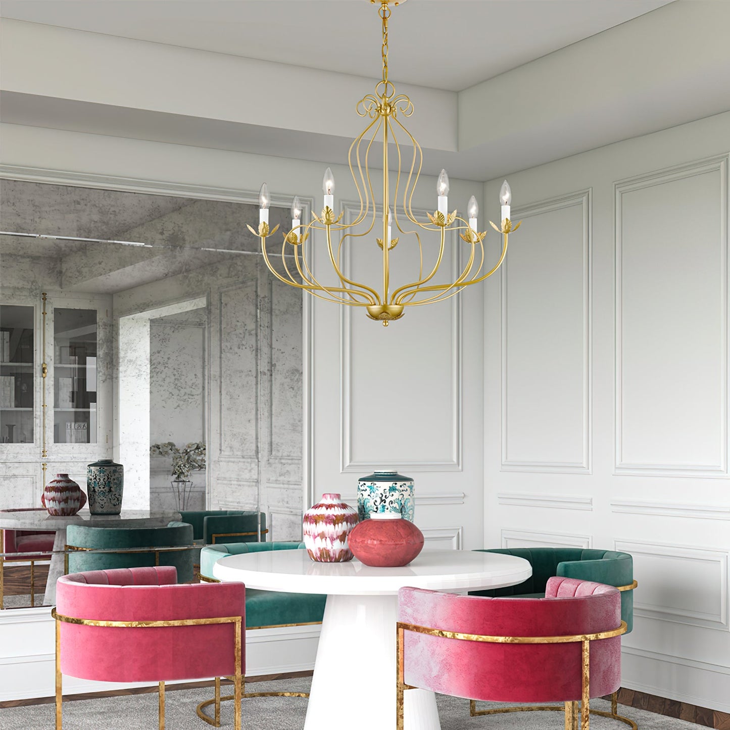 Kempton Chandelier - Modern Floral Iron Pendant | Black & Antique Brass Multi-Head Lighting
