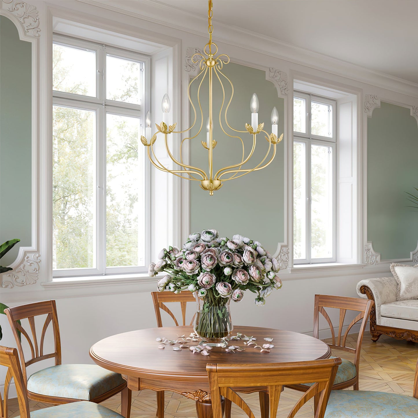 Kempton Chandelier - Modern Floral Iron Pendant | Black & Antique Brass Multi-Head Lighting