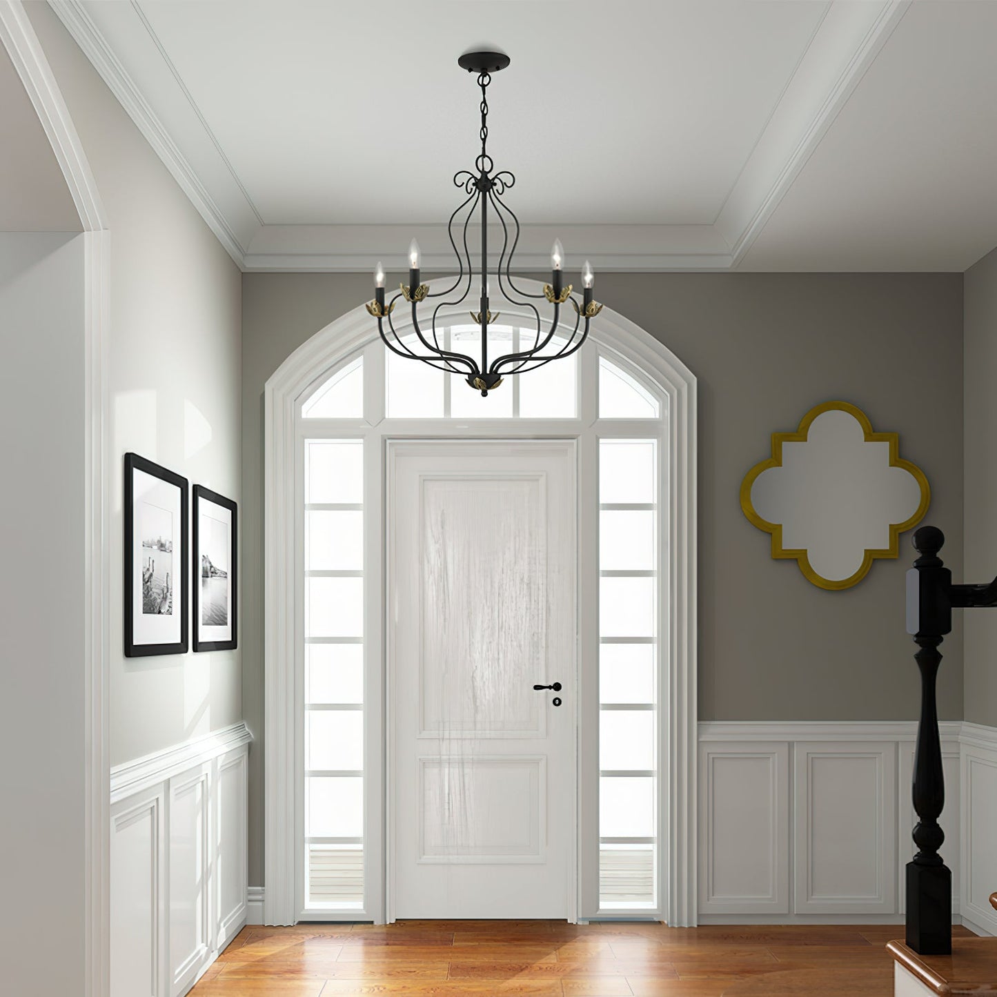 Kempton Chandelier - Modern Floral Iron Pendant | Black & Antique Brass Multi-Head Lighting