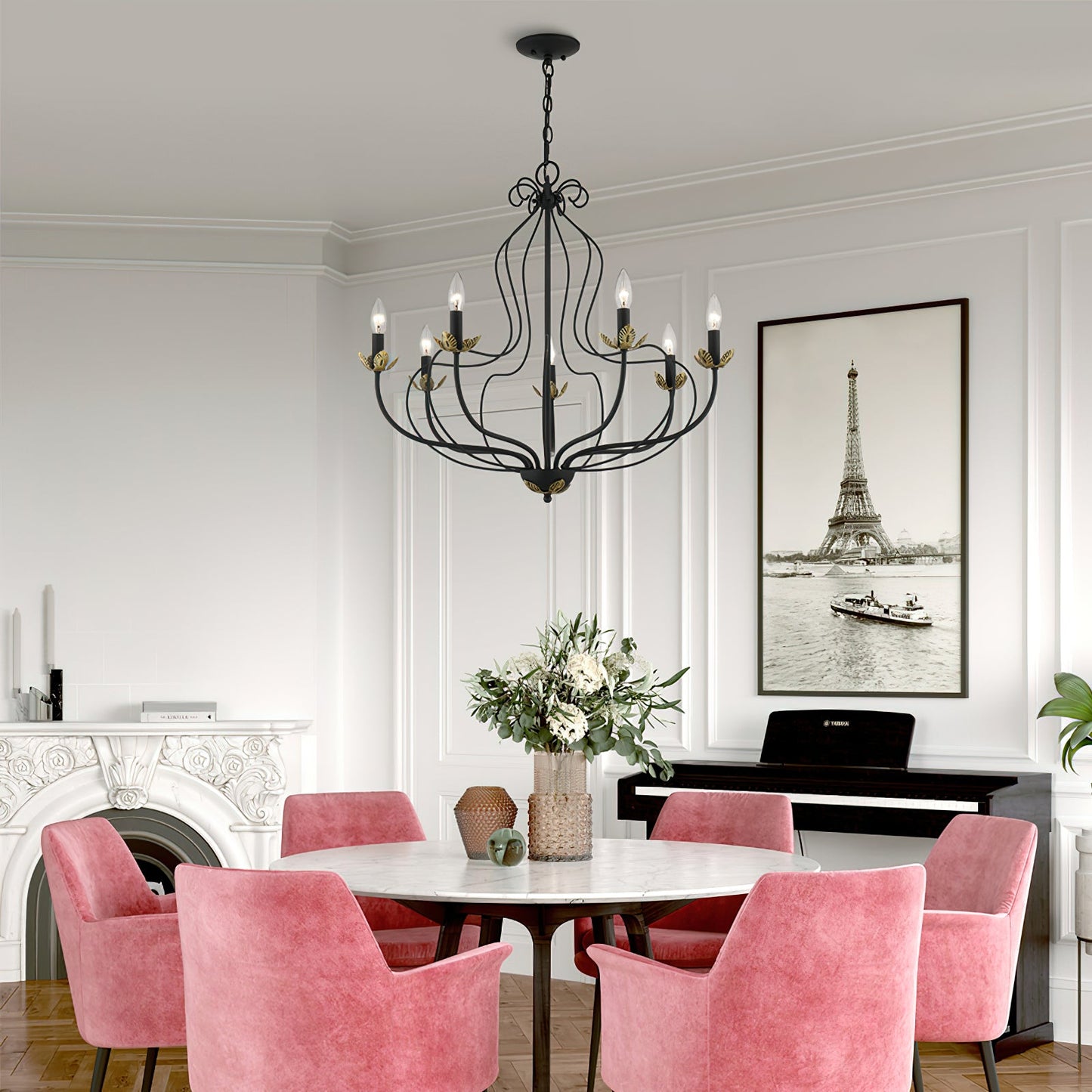 Kempton Chandelier - Modern Floral Iron Pendant | Black & Antique Brass Multi-Head Lighting
