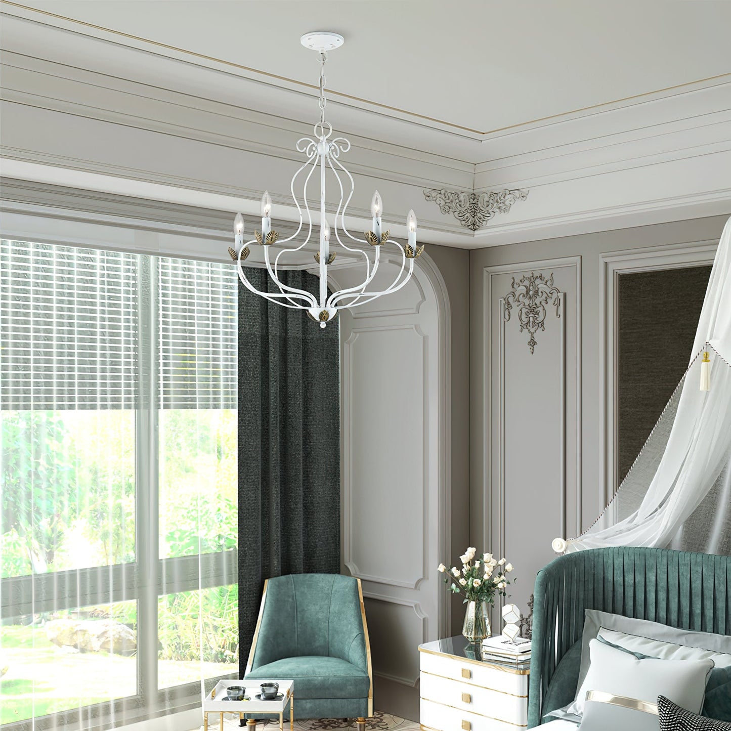 Kempton Chandelier - Modern Floral Iron Pendant | Black & Antique Brass Multi-Head Lighting