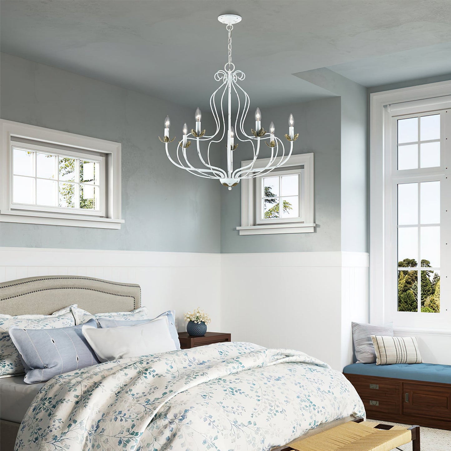 Kempton Chandelier - Modern Floral Iron Pendant | Black & Antique Brass Multi-Head Lighting
