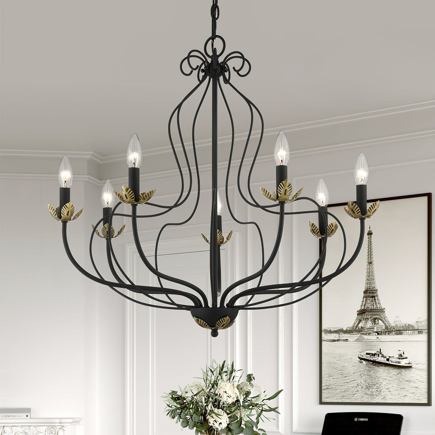 Kempton Chandelier - Modern Floral Iron Pendant | Black & Antique Brass Multi-Head Lighting