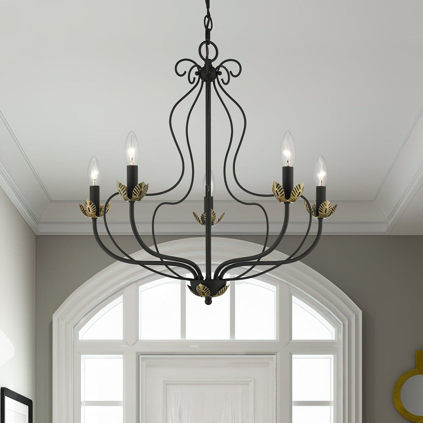 Kempton Chandelier - Modern Floral Iron Pendant | Black & Antique Brass Multi-Head Lighting