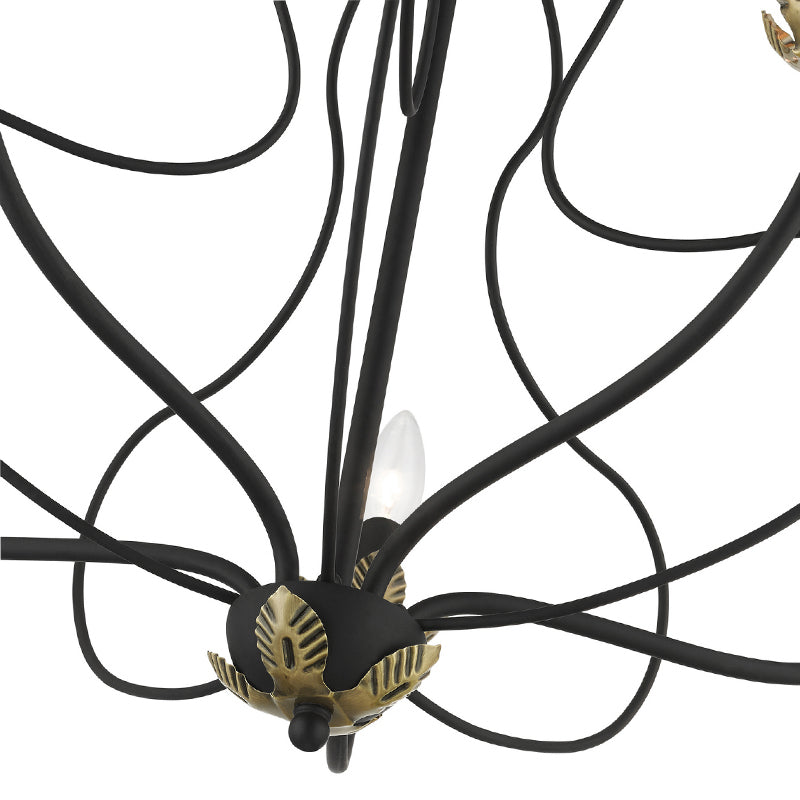Kempton Chandelier - Modern Floral Iron Pendant | Black & Antique Brass Multi-Head Lighting