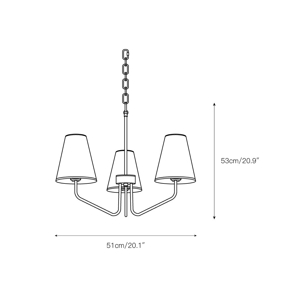 Kennedy Chandelier - Modern Curved Arm Brass Pendant | Ivory Linen Conical Shades