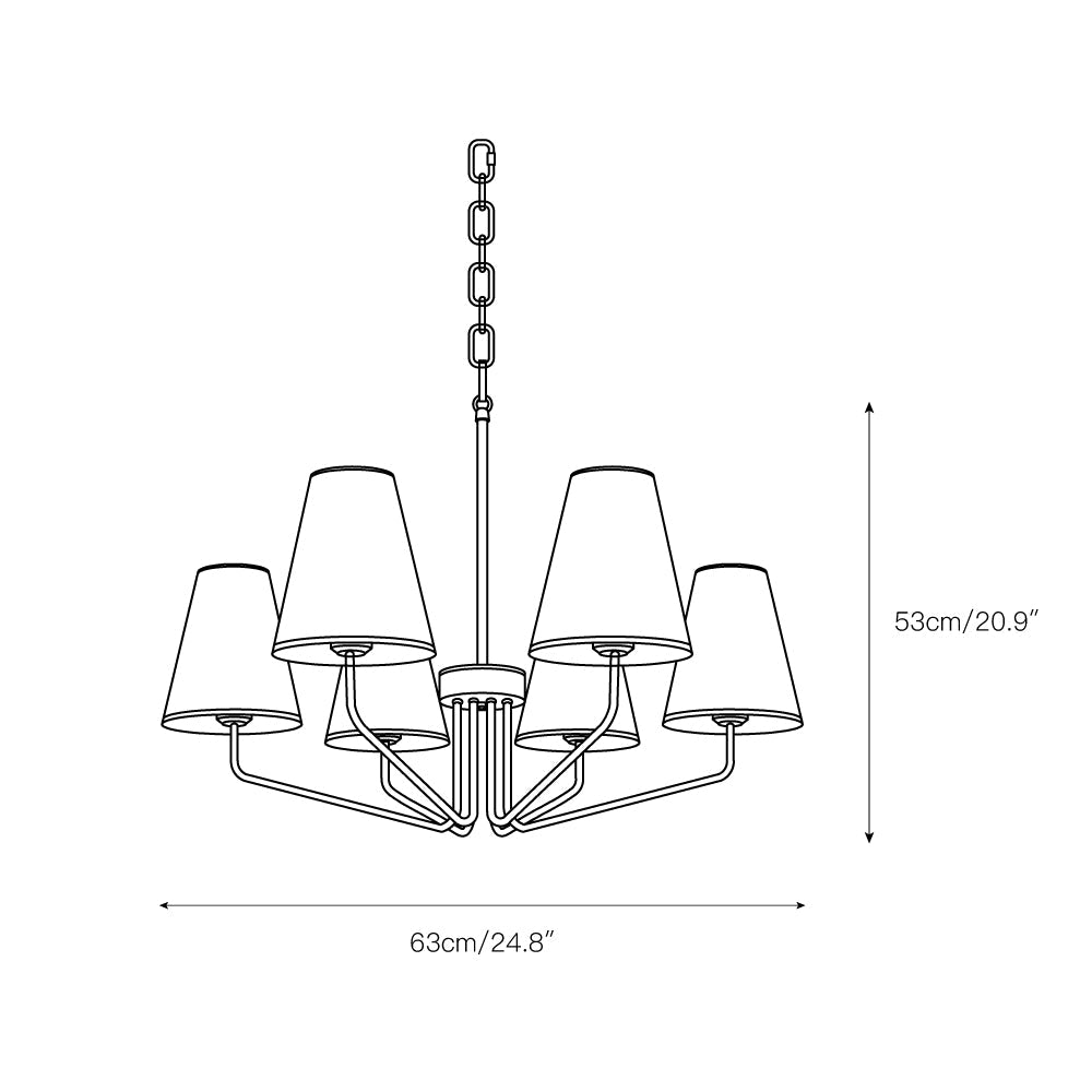 Kennedy Chandelier - Modern Curved Arm Brass Pendant | Ivory Linen Conical Shades