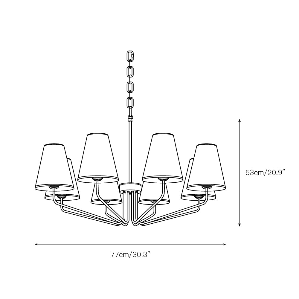 Kennedy Chandelier - Modern Curved Arm Brass Pendant | Ivory Linen Conical Shades