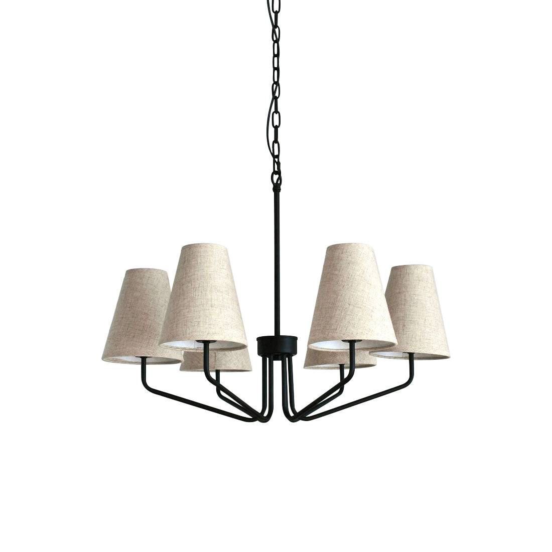 Kennedy Chandelier - Modern Curved Arm Brass Pendant | Ivory Linen Conical Shades